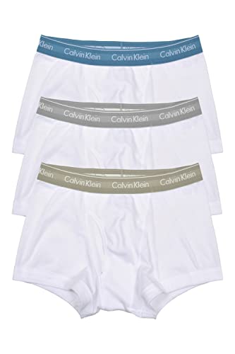Calvin Klein Men's Cotton Classics 3-Pack Trunk, White bodies with Tapestry teal, Dove and Grey Heather wbs, X-large