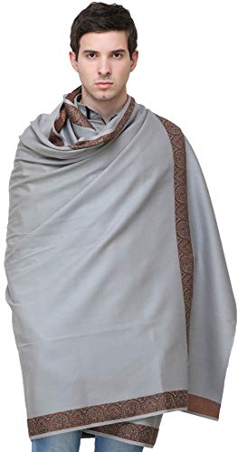 Exotic India Plain Men's Shawl with Brown Woven Border - Color Gray