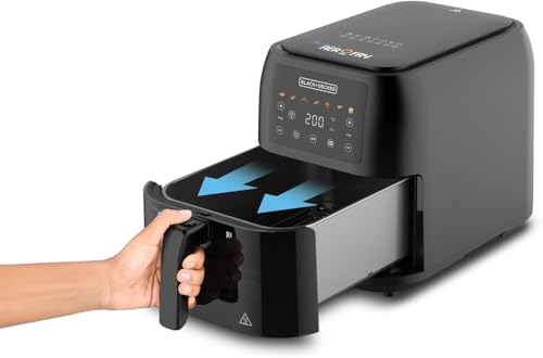 مقلاة هوائية سعة 8 لتر من بلاك اند ديكر، طاقة 1700 واط، تحكم رقمي باللمس، سلة مستطيلة واسعة، 7 وظائف مضبوطة مسبقًا، حرارة قابلة للتعديل، طهي بدون دخان، اسود - SAF80W-B5