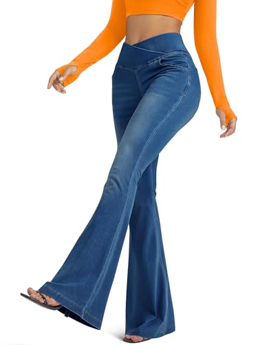 Knit Stretchy Jean Leggings for Women with Crossover High Waisted Bell Bottom Yoga Pants Flare Leggings with Pockets3