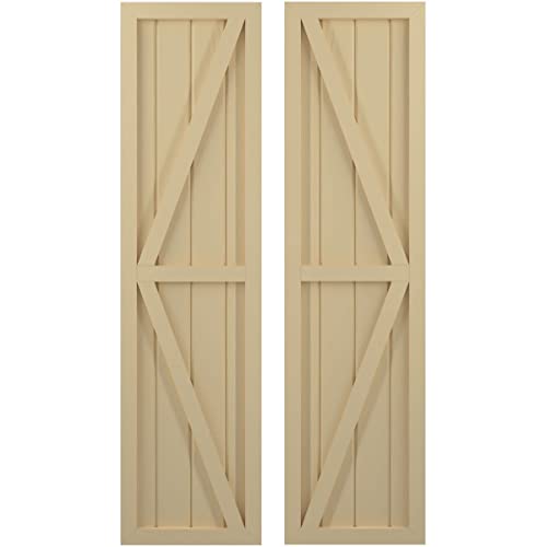 Ekena Millwork ARW102BF414X60NTH Americraft Four Exterior Real Wood Two Equal Panel Framed Board-n-Batten Shutters w/Double Z-Bar (Per Pair), 14"W x 60"H, Natural Twine