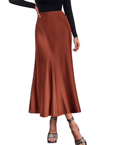 Image of KIRUNDO Women's Satin Maxi Skirt 2026 Summer Fall Trendy High Waisted Wedding Cocktail Party Work Silk A-Line Formal Skirts