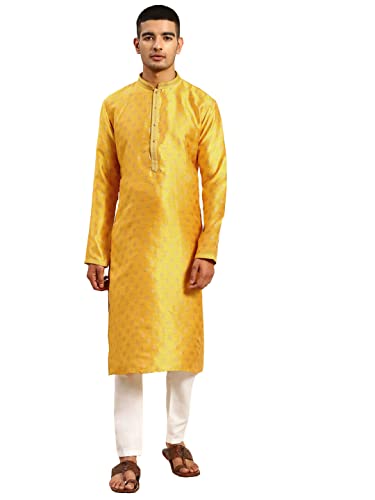 Image of Rajubhai Hargovindas Men's Silk Kurta With Ethnic Motifs Work Woven Design