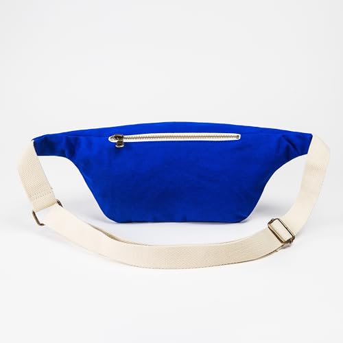 Image of The Peacock Crew Fanny Pack - Stylish Cotton Crossbody Bag for Men & Women - Adjustable Strap, Dual Zipper - Premium Fabric Shoulder Bag, Trekker Indigo Blue