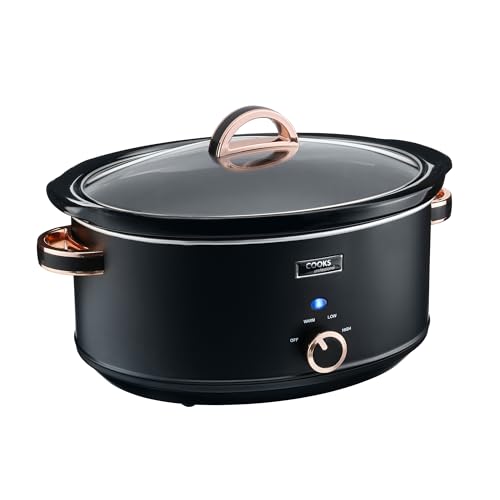 Cooks Professional Slow Cooker 6.5 Litre with Glass Lid, Cool Touch Handles, Dishwasher Safe Bowl, 2 Heat Settings & Keep Warm Function | Large One Pot Cooking Machine | Black & Rose Gold