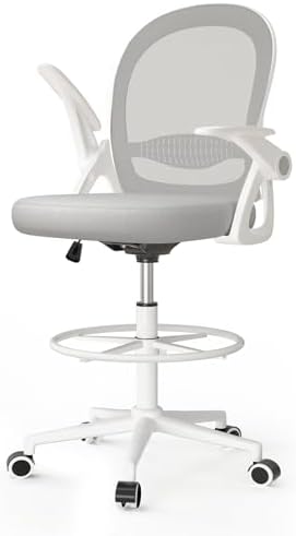 rattantree Ergonomischer Bürostuhl mit Verstellbare Fußstütze Ring, Grau | Schreibtischstuhl, Höhenverstellbarer, Computerstuhl mit Hochklappbaren Armlehnen, Drehstuhl für Büro, Zu