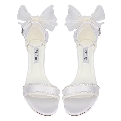 Bow Heels Pearl Wedding Shoes for Bride Low Block Heel Wedding Sandals Open Toe Bridal Shoes2