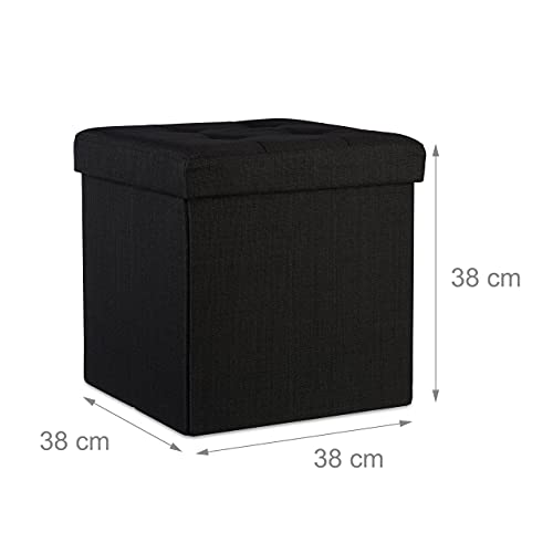 Relaxdays Faltbarer Sitzhocker, 38 x 38 x 38 cm, Sitzcube als Fußablage, Sitzwürfel aus Leinen, Deckel zum Abnehmen, schwarz