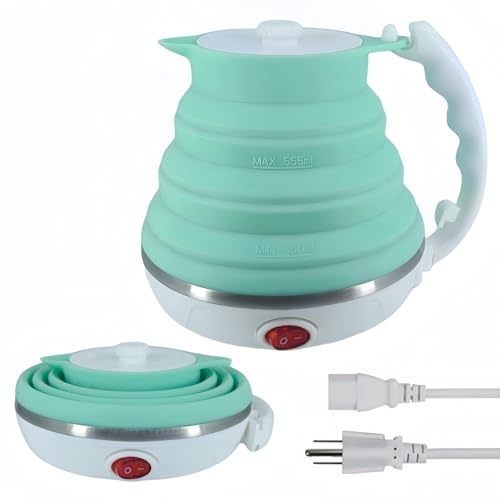 DOFQQG Travel Kettle, Portable Electric Kettle, Collapsible Tea Kettle Travel, Hot Water Boiler Electric, Food Grade Silicone, Auto Shut off and Keep Warm, 110V 555ml Green