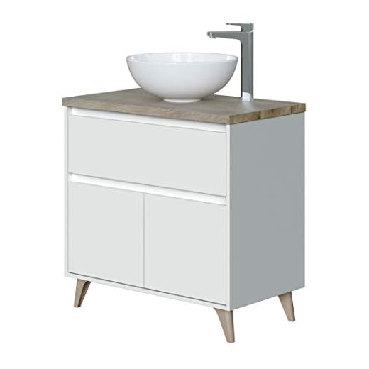 ARKITMOBEL ONA Mueble de Baño con 2 Puertas y 1 Cajon, Blanco Brillo y Roble Alaska, Grande