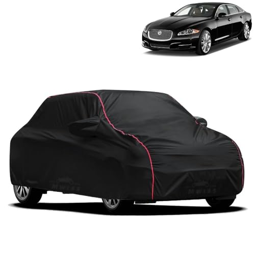 Image of Waterproof Car Cover for Jaguar XJL | All-Weather Protection, Dustproof & UV Resistant | Triple Stitched Mirror Pockets, Windproof Buckle Strap with Elastic Hem, Black-Red Piping