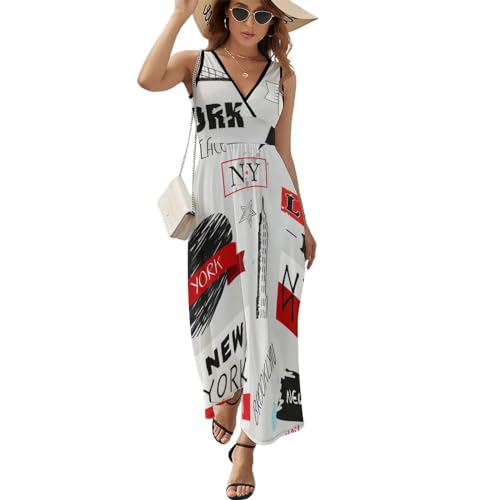 Robe maxi col V New York sans manches | Robe de plage fluide et décontractée pour femme