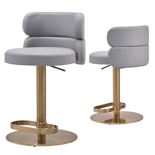 LUXMOD Modern Faux Leather Bar Stool, Swivel Adjustable Height Kitchen Counter Stool with Back and Footrest, Upholstered Kitchen Island Chair, Gray, 1 Pc