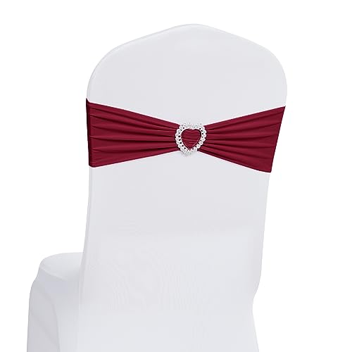 Howhic Pack of 120 Spandex Chair Sashes Bows Stretch Chair Cover Band with Buckle Slider Universal Elastic Chair Ties for Wedding Banquet Party Event Decoration (Burgundy)