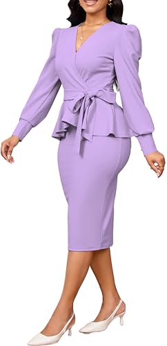 Image of Dresses for Women Elegant Long Sleeves Ruffles Pencil Knee Length Split Business Dress with Belt Zipper