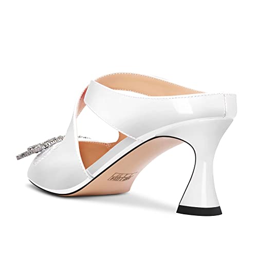 Heuivzar Women Pointed Toe Chunky Block Mid Heel Sandals Slingback Buckle Diamond Crystal Wedding Cute 2.6 Inches Heels White 11 M Us #TOP4