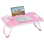 Foldable Laptop Table, Portable Bed Tray with Cup Holder for Eating, Writing, Working on Bed, Sofa - Pink