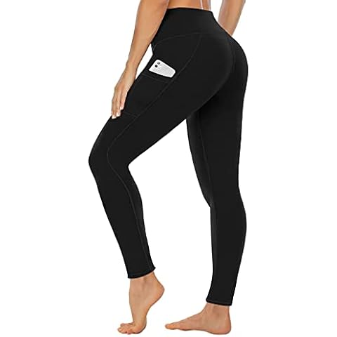Campsnail Black Gym Leggings for Women UK with Side Pockets High Waisted Yoga Dance Sports Running Pants Tummy Control Workout Stretchy Soft Opaque(UK 10-14,S-M) Cover