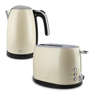 KHG Frühstücksset Wasserkocher & Toaster Creme Beige Retro Vintage, Kapazität 1,7 Liter & 2 Toastscheiben, 360° Sockel, Druckknopf-Öffnung, Kontrollleuchte, Röstgradeinstellung, Aufwärm-, Auftau-Taste