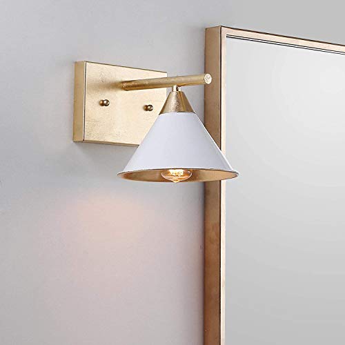 Image of JONATHAN Y Yvette 1-Light Wall Sconce 7 inch Metal Vanity, White /Gold Leaf | Modern Bathroom Mirror Fixture, Cone Shade, UL Listed, For Bathroom Mirror, Bedroom, Hallway, Hardwired, LED Bulb Included