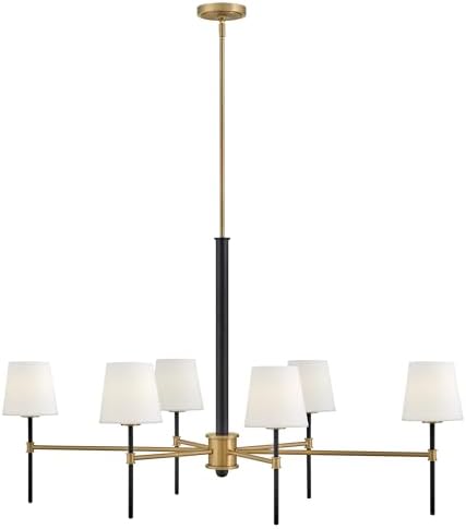 Hinkley Saunders Medium Six Light Linear Chandelier, Etched Opal Glass Shades, (1) 6" and (2) 12" Down Rods, Mid-Century Modern, Lacquered Brass with Black Accents