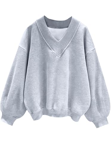 Hilinker Womens V Neck Oversized Sweatshirts Cute Pullover Drop Shoulder Long Sleeve Tops Grey...