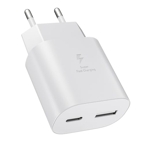 Caricatore USB C, 25 W, 2 porte, USB A e USB C, per Samsung Galaxy S25, S24, S23, S22, S21, S20, S10, A55, A54, A53, A52, A35, A15, A14, A13, A05s, A04s