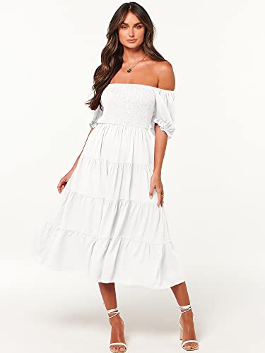 Anrabess Women's Casual Summer Midi Dress Puffy Short Sleeve Square Neck Smocked Tiered Boho 2023 Spring Dresses For Wedding Bridal Shower 877Mibai-L White #TOP6