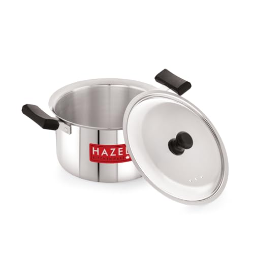 Image of HAZEL Stainless Steel Casserole with Lid 1900 ML | Flat Bottom Milk Tope with Plastic Handles | Induction Compatible Steel Patila | Bhagona with Lid for Cooking