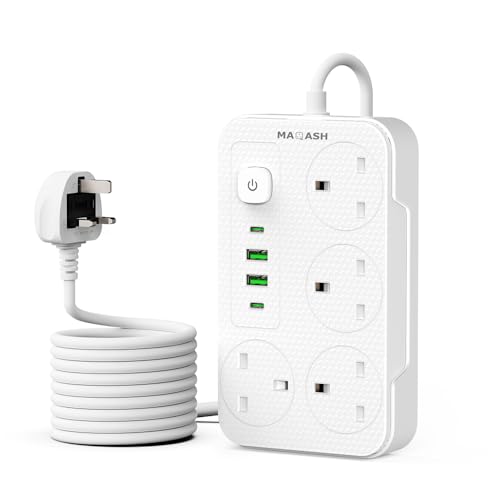 Image of Extension lead with usb slots 2500W -2m long cable - copper clips - 13A 220V - multi usb plug Cord UK - power strip with USB Socket, 6 in 1 charging USB C PD 5V/2.1A-White