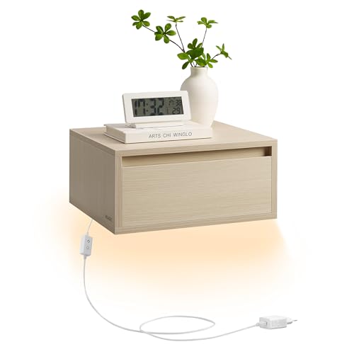 VASAGLE Kailyn Kollektion - Nachttisch hängend, Leuchte mit 3 Farben, schwebendes Wandregal, Schublade, 35 x 40 x 18 cm, modern, Wohnzimmer Schlafzimmer, naturbeige LET654N01