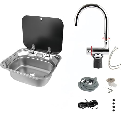 Neboka RVシンク カバー付き ステンレススチール製折りたたみ式洗面台 野菜シンク キャンピングカー用フリップカバー キャンピングカー用 丸型/四角型 (長方形シンク + 新しい温水・冷水蛇口)