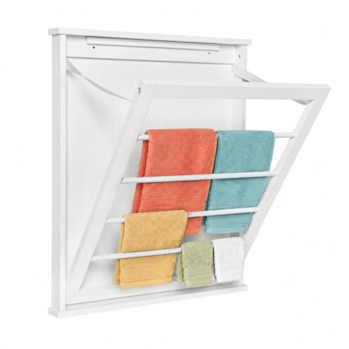 Honey-Can-Do White Folding Over-the-Door Wall-Mount Drying Rack, 80 Linear Feet of Drying Space, Foldable Wood Design, Holds 16 lbs, Space-Saving Laundry Room Bathroom Organizer