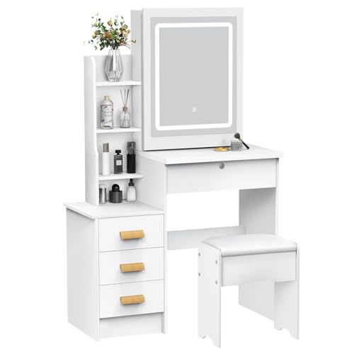Haibinsuo Tocador de maquillaje con espejo deslizante y luces, 4 cajones, escritorio espacioso, 3 modos de iluminación y brillo ajustable, blanco, estilo moderno