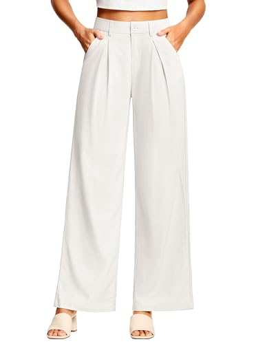 ISEEGZ 31 Womens Linen Pants Wide Leg Work Dressy Pants Casual Slacks Business Trousers for Women with Pockets White
