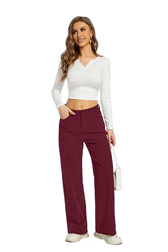 Women's Corduroy Loose Mid Rise Pant Casual Fall Straight Leg Elastic Waist Pants with Pockets2