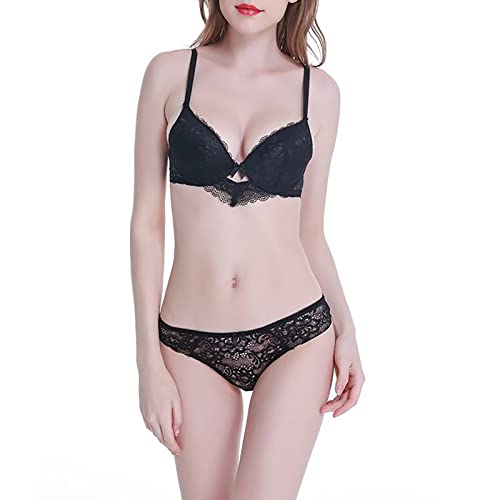 Women Lace Demi Balconette Minimizer Push Up Invisible Bra And Sexy Lace See Through Panty Lingerie Set 2 Piece Black #TOP7