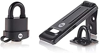 Yale Y220B/51/118/HSP Black Weatherproof Padlock And Hasp Perfect For Outdoor Use - Hardened Steel Shackle For Shed, Gate, outdoor Storage - 3 Keys - High Security,51 mm + Shackle