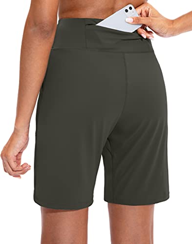 Santiny Bermuda Shorts For Women With Zipper Pocket Womens High Waisted Long Shorts For Running Workout Athletic(Olive Green_M) #TOP1