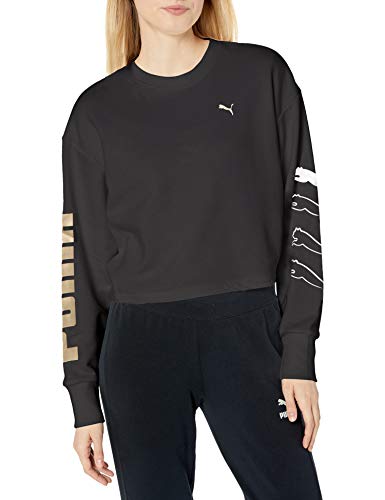 PUMA Women's Relaxed fit Rebel Crewneck Sweatshirt, Black-Gold-Silver, L