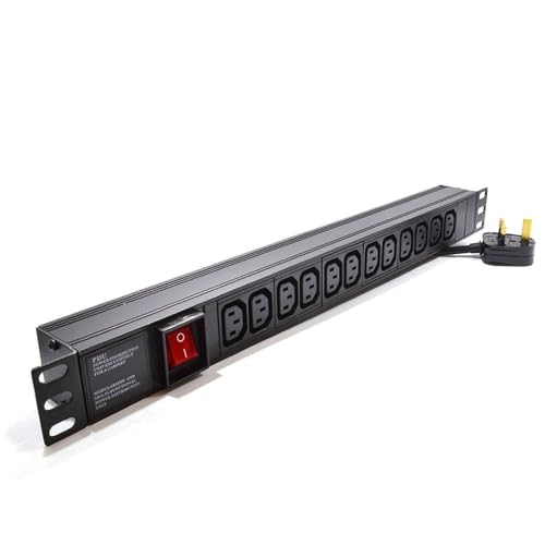 Image of kenable PDU Power Distribution Unit 12 Way IEC C13 Sockets Horizontal Rack Mount UK Plug 3000W 13A 1.8m Cable Black