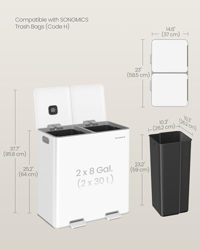 Image of SONGMICS Trash Can, 2 x 8 Gallon, Soft-Close Lids, Stainless Steel