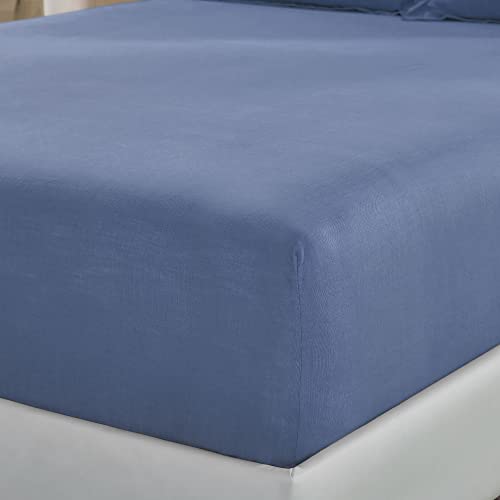 Image of TRIDENT Namaste King Size Solid Fitted Bedsheet Set- 100% Cotton- 3-Piece Bedding Sheet Set with 2 Pillowcases-Softness- 150 TC-Fitted bedsheet- Linen Look- Sustainable (Vintage Indigo)