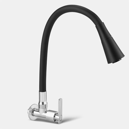 Image of Amazon Basics Kitchen Sink Tap | Wall Mount | Flexible Silicone Spout | 15mm (1 /2 BSP) | Chrome Finish - Black | 54 x 10 x 2.5 cm
