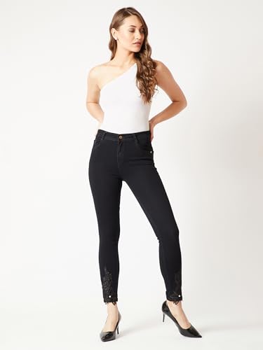 Image of Miss Chase Women's Skinny High Rise Cropped Length Fringe Detailing Stretchable Denim Jeans