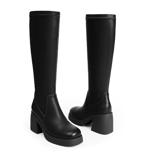 Knee High Boots Women Square Toe Elastic Boots Platform Chunky Heel Stretchy Tall Boots Side Zipper Fashion Dress Long Boots3