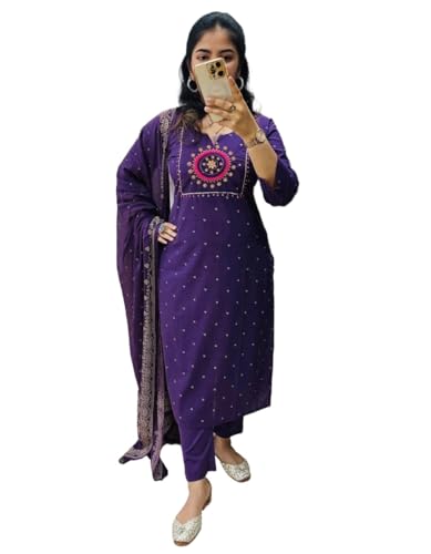 Image of ANNI DESIGNER Viscose Kurta for Women | Kurti Set Woman | Kurta with Pant & Dupatta | Straight Embroidered Suit | Ethnic Indian Outfit Office Party Traditional Clothing Fashion Style Premium Wear Look