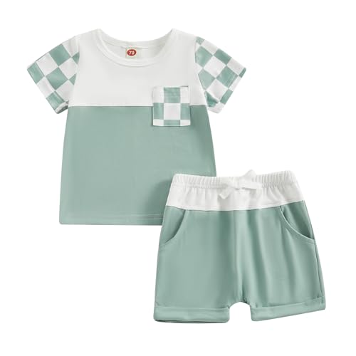 Image of Newborn Baby Girl Boy Summer Clothes Checkered Plaid Short Sleeve T-Shirt Tops Shorts Set Color Block Outfit