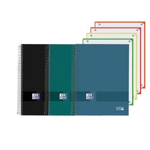 Oxford & You, Pack de 3 Cuadernos A5+ Europeanbook, Cuadricula 5x5, Tapa Extradura, Espiral, 4 Bandas de Color, 120 hojas, Colores Negro, Azul y Verde