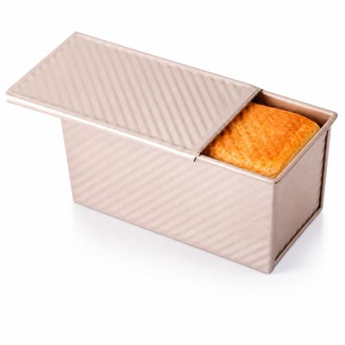 CANDeal Loaf Pan with Cover/Bread Baking Mould Cake Toast/Non-Stick Toast Box with Lid for 450g Dough, Vented Hole for Rapid Baking(Golden, Wavy Style)